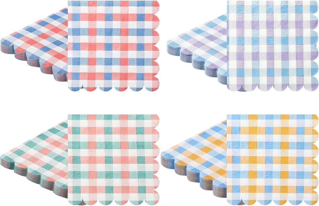 Crtiin 100 Pcs Pastel Gingham Napkins 5x5 Inch Scalloped Disposable Paper Napkins Checkered Dessert Cocktail Napkin for Birthday Wedding Baby Shower Summer Party Supplies