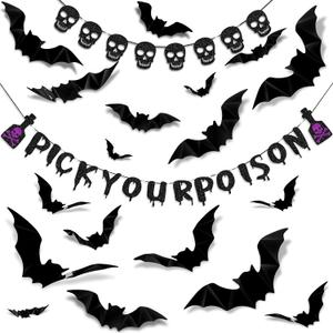 40 Pieces Halloween Banner Set, Includes 8 Skull Banner 16 Glittery Pick Your Poison Paper 16 Bat Stickers Spooky Party Decor for Halloween Haunted House