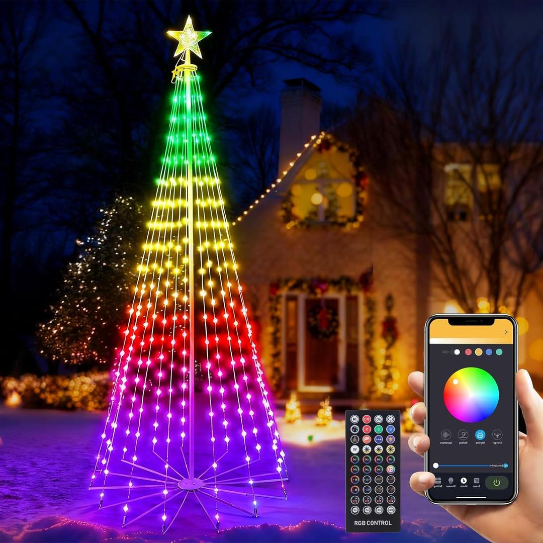 8 FT Smart RGB Christmas Cone Tree, 340 LED Lighted Artificial Tree with Music Sync APP Control Timer Dimmable, Prelit Xmas Trees Waterproof for Outdoor