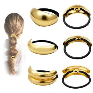6Pcs Gold Hair Ties - 3 Styles Gold Hair Accessories for Women & Girls, Elegant Chic Metal Hair Cuff Non-Damage Ponytail Cuffs Holders for Thick Hair
