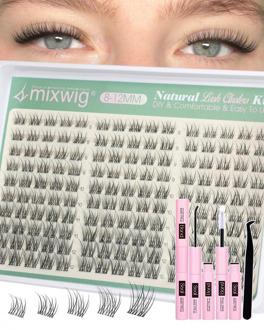 Short Lash Clusters Kit 8-12MM Natural Lash Extension kit Invisible Band Eyelash Clusters Wispy Cluster Eyelash Extensions C Curly DIY Cluster Lashes Bond and Seal Tweezers by Lvmixwig