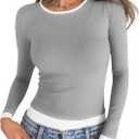 Cicy Bell Womens Long Sleeve Tops Patchwork Crewneck Slim Fit Shirts Going Out Casual Fall Basic Tees (L)