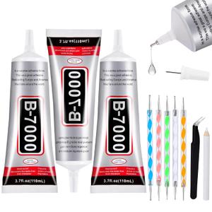 3 PCS 110ml B7000 Glue Clear with Precision Tip, Bedazzling Glue, Rhinestone Glue Set, Craft Glues with 5-Point Pen Tool, Crayon, and Tweezers, Craft Glue is Used for Nails, Jewelry, Shoes
