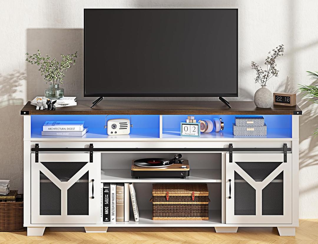 Farmhouse TV Stand for 55 65 75 Inch TVs, Entertainment Center with LED Light, Storage Cabinets, Sliding Barn Doors and Adjustable Shelf, Media TV Console TV Stand Table for Living Room (White)