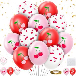 48 Pcs Cherry Party Decorations Balloons Set for Birthday Baby Shower, Red Pink Disposable Fruit Print Theme Cherry Birthday Decorations Supplies Latex Balloons