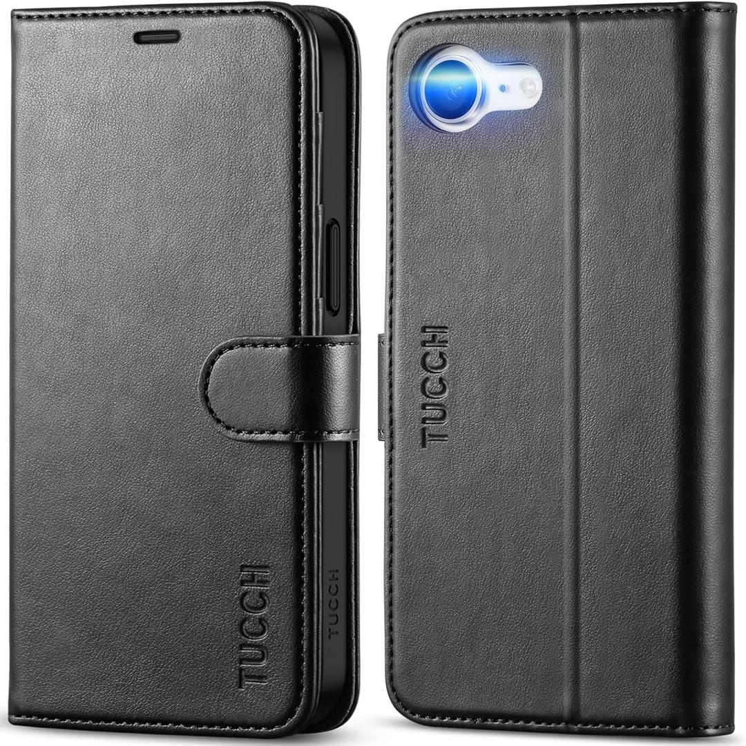 TUCCH Wallet Case for iPhone 16e, [RFID Blocking] 4 Card Holder Kickstand [Shockproof TPU Inner Case] PU Leather Magnetic Closure Protective Cover Compatible with iPhone 16e 6.1" 2025, Black