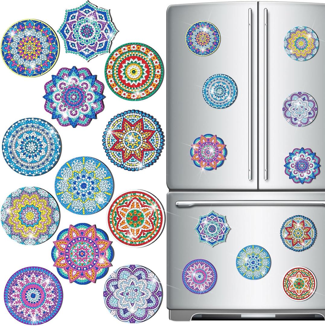 Zonon Classic Mandala 12 Pcs Refrigerator Diamond Painting Magnets Easy Diamond Art Painting Magnetic Stickers Kits Fridge Magnets for Adults DIY Home Decors