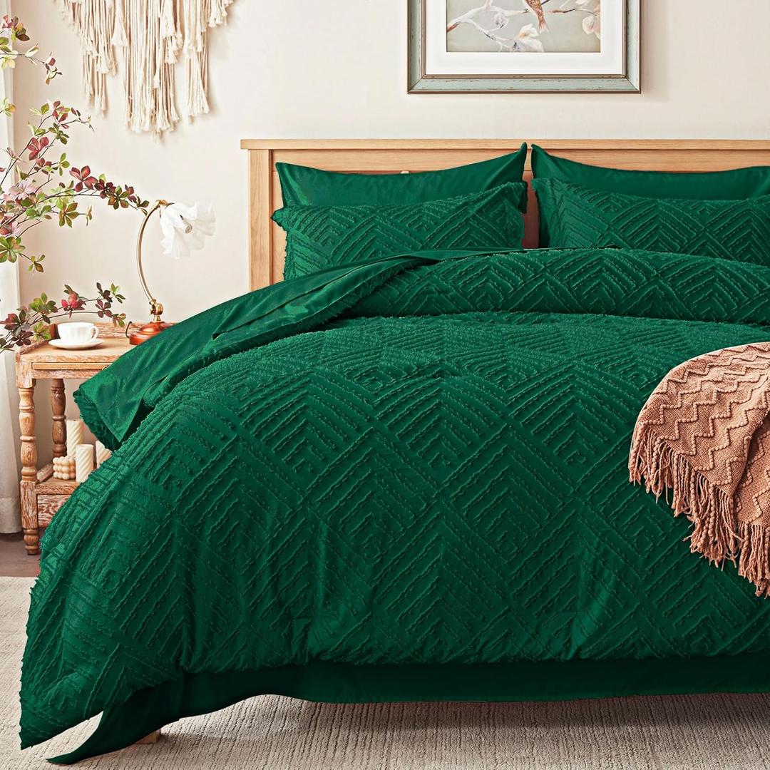 Zzlpp Twin Comforter Set 5 pieces, Emerald Green Tufted Bed in a Bag with Comforter and Sheets, All Season Boho Bedding Sets with 1 Comforter, 1 Pillow Sham, 1 Pillowcase, 1 Flat Sheet, 1 Fitted Sheet