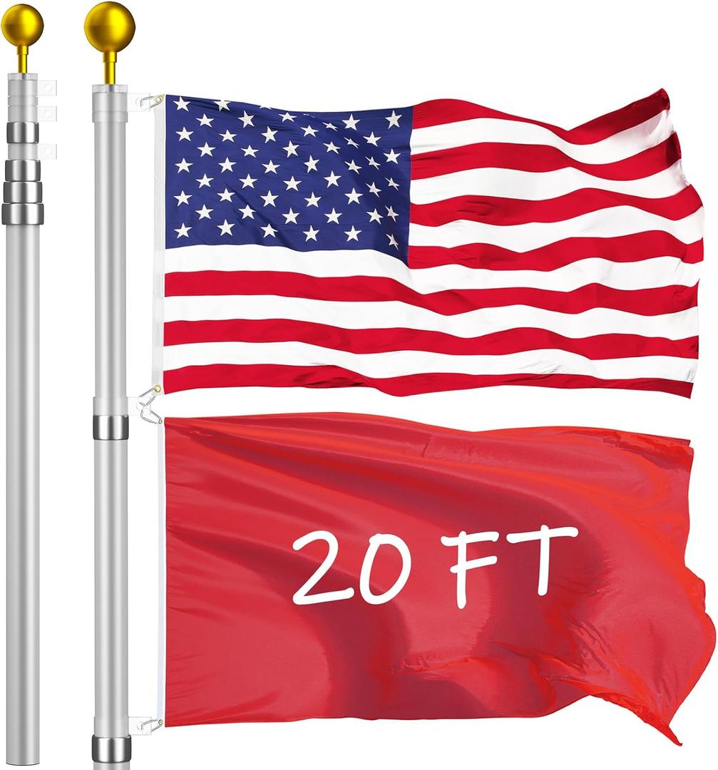 20FT Telescoping Flag Pole Kit, Extra Thick Flag Poles with 3x5 American Flag, Heavy Duty Flag Pole for Outside House Inground, Flag Poles for 3x5 Flag Outdoor20FT,Silver