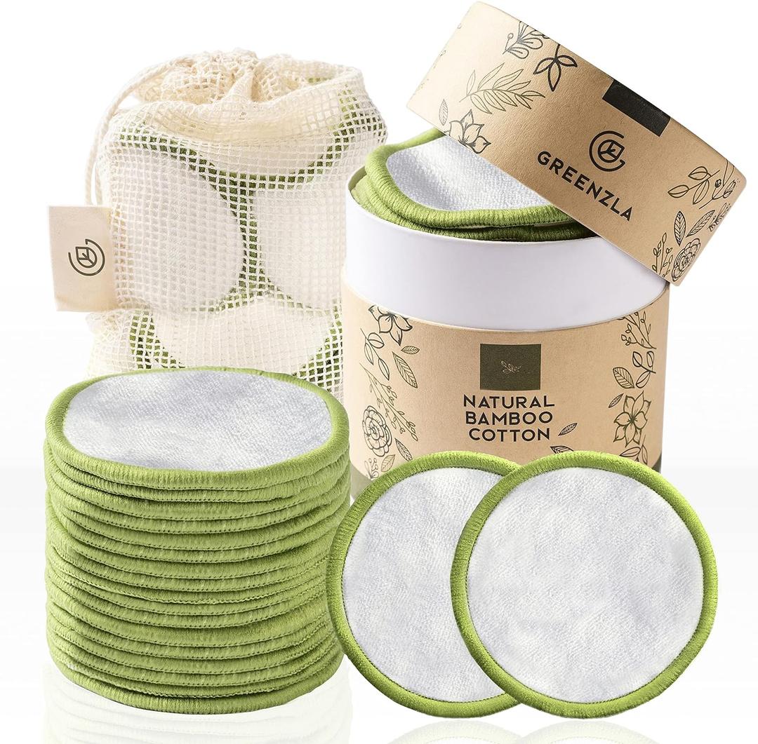 Greenzla Reusable Makeup Remover Pads (20 Pack) Washable Laundry Bag & Round Box for Storage, Reusable Bamboo Cotton Rounds for All Skin Types (White)