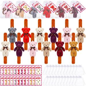 Soulchen 72 Pcs 24 Set Valentine's Day Bear Stuffed Animal Slap Bracelets Plush Slap Bracelets Bulk with Greeting Card and Mesh Bag Party Supplies for Valentine's Day Birthday Gift Goodie Bag Fillers