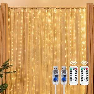Brightown 300 LED Fairy Curtain Lights, 9.8ft x 9.8ft String Lights, USB Plug in 8 Lighting Modes Christmas String Hanging Lights with Remote for Bedroom Indoor Outdoor Party Xmas Warm White 2 Pack