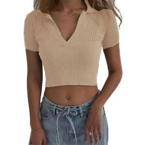 Women Knit Crop Polo Shirts,Summer Short Sleeve Ribbed Collared T-Shirt Solid Fitted V Neck Tops (M)