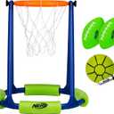 NERF Floating Pool Basketball Hoop + Football Target Net Set - Water Basketball + (2) Water Footballs Included - Floating Hoop + Target Goal for In-Pool + Poolside Play - Sports Toys for Kids, Medium, Small