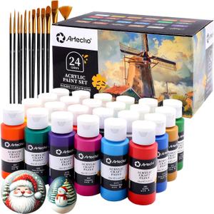 Artecho Acrylic Paint Set 24 Colors 2oz/59ml with 12 Brushes, Art Craft Paints Kit, Paint for Canvas, Rocks, Wood, Fabric, Ceramic and Art Supplies, Non Toxic Paint for Artists and Beginners