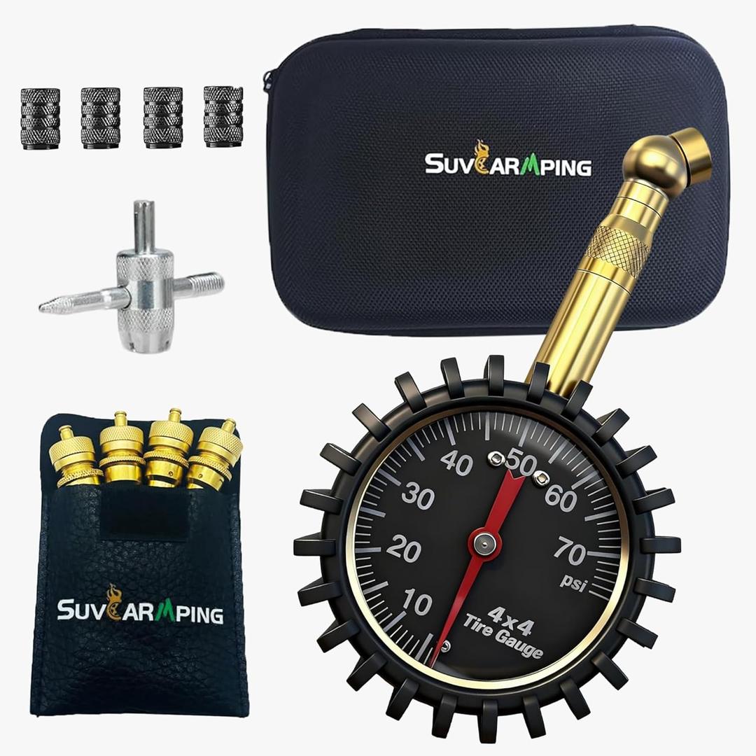 SUVCARMPING Adjustable Automatic Tire Deflator Kit with 70 PSI Tire Pressure Gauge (1% Accurate) and Automatic Tire Air Down Tool with Valve Cap, Valve Core and 4-Way Valve Tool
