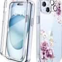 Diaclara Designed for iPhone 15 Plus Phone Case,Full Body Rugged Case with Built-in Screen Protector+9H Tempered Glass Camera Lens Protector (Clear Flower) (Peony)