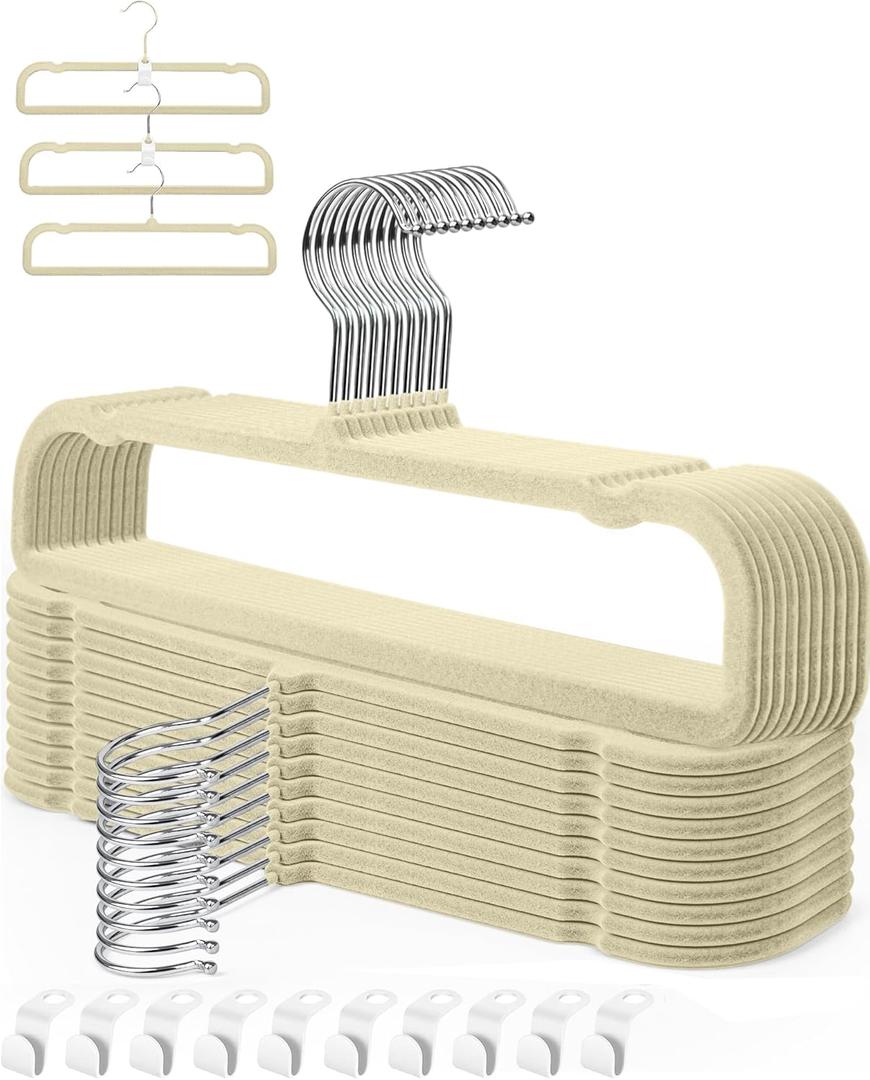 HGYZE Velvet Pant Hanger Space Saving, 20 Pack Non-Slip Shorts Hanger, Jeans Slack Trousers Hanger with 10pcs Clothe Hanger Connector Hooks Closet Organizer, Slim Felt Hangers for College Dorm (Beige)