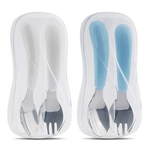 Kirecoo 2 Set Toddler Utensils, Toddler Forks and Spoons, Stainless Steel kids Silverware Set, Designed for Self Feeding Flatware Utensils with Travel Carrying Cases BPA Free (White & Aqua)