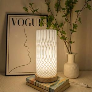 3D Printed Mini Lamp, Small Bedside Lamp with 3-Color Dimmable LED, Small Nightstand Lamp for Tight Spaces, Beautiful Lamp with Wooden Base - Flame (Helix)