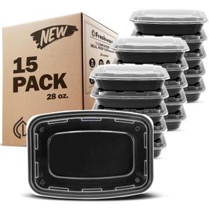 Freshware Meal Prep Containers 15 Count (Pack of 1) Compartment Food Storage Containers with Lids, Bento Box, BPA Free, Stackable, Microwave/Dishwasher/Freezer Safe (28 oz)(Black)
