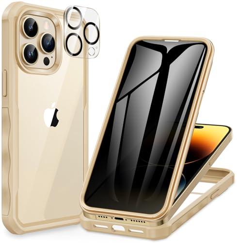 CENHUFO Privacy for iPhone 14 Pro Max Case, Full Body Phone Case with Built-in 9H Tempered Glass Privacy Screen Protector and Camera Lens Protector, Anti Peep Shockproof Bumper Clear Cover - Beige
