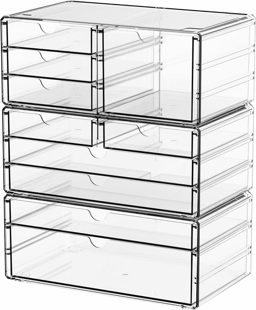 Yieach 3 Pack Clear Storage Drawers With 10 Drawers,Stackable 11.1 Large Acrylic Drawer Organizer and Makeup Organizer For Vanity,Bathroom Countertop,Cabinet,Pantry,Office Supply Storage Bins Drawers