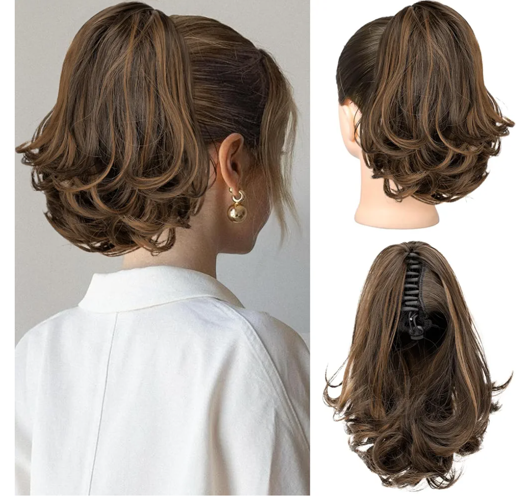 KooKaStyle Ponytail Extension, 2" Short Claw Clip in Pony Tails Hair Extensions Curly Wavy Synthetic Drawstring Hairpieces for Women Fake Ponytail(Dark Brown with Golden Auburn)