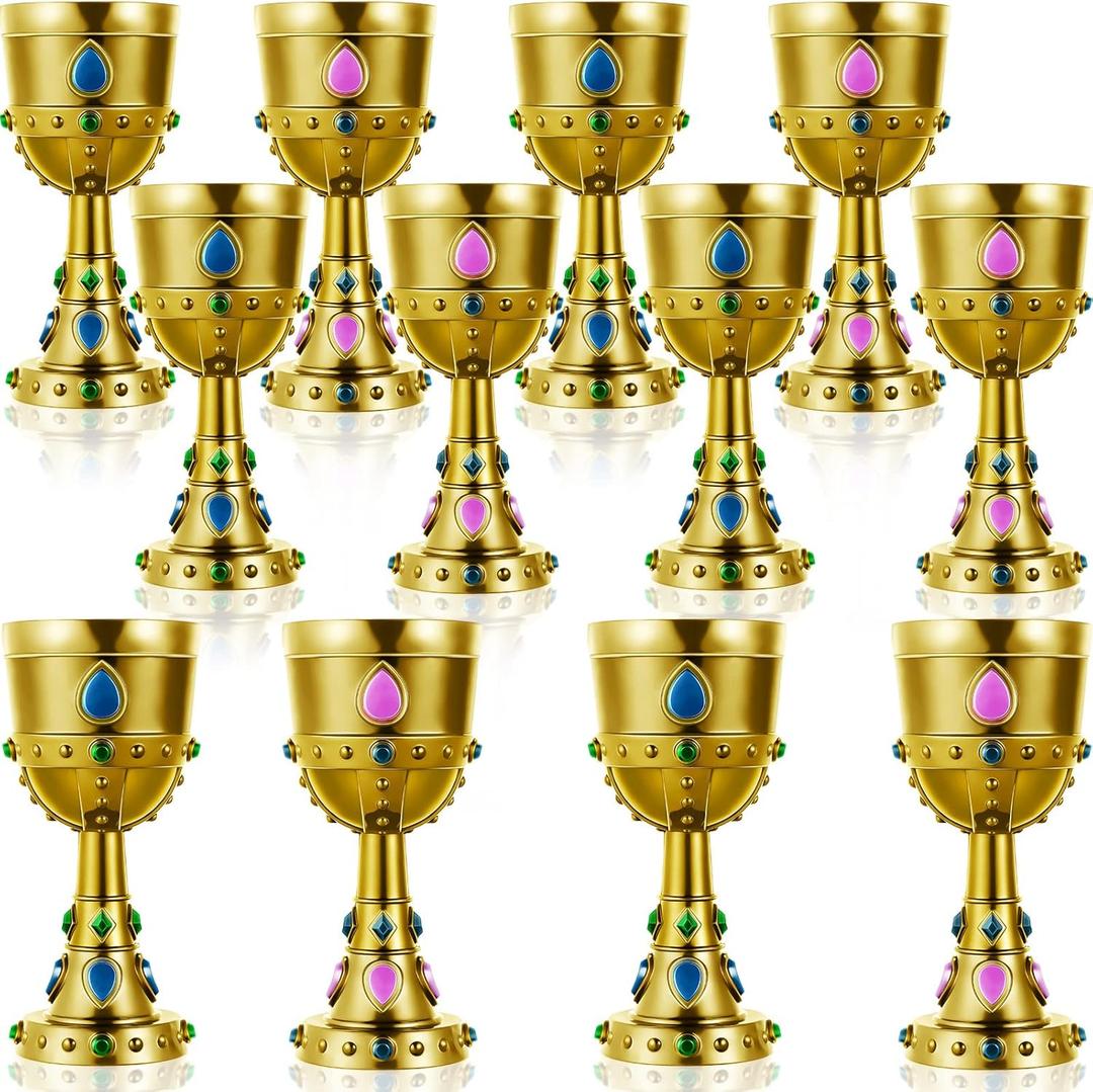 Suclain 12 Pcs Medieval Molded Crown Goblets 8 oz Gold Jeweled chalice Vintage Plastic Goblet King Queen Party Chalice Medieval Party Decorations for Carnival Drinking Supplies