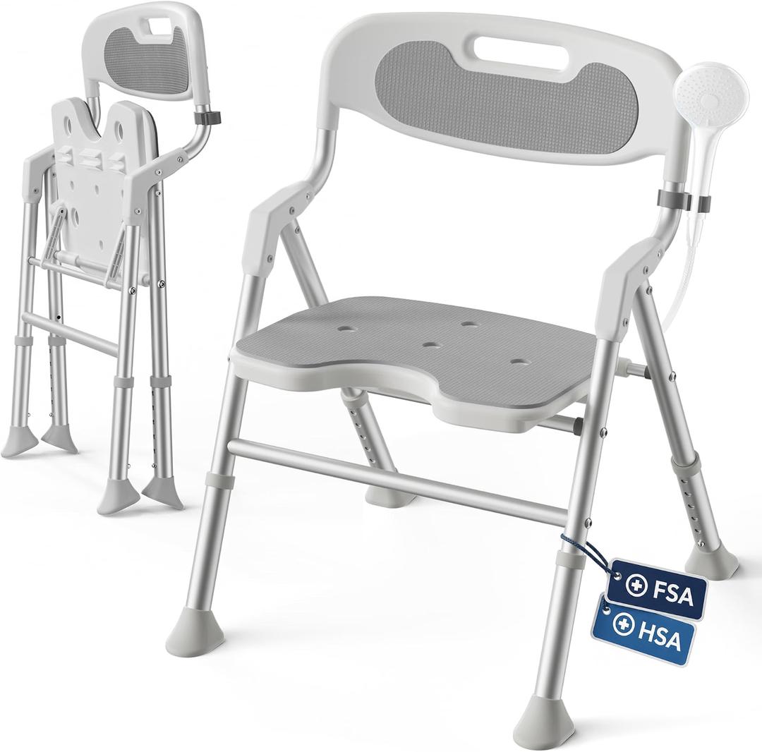 Foldable Shower Chair with Arms and Back Inside Shower, 400LBS Heavy Duty Shower Seat for Elderly Seniors Disabled Adults, U-Shape Cutout 6-Level Height Adjustable Folding Bath Stool