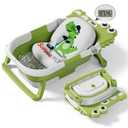 Collapsible Baby Bathtub for Newborn, Foldable Baby Bath Tub with Thermometer & Soft Floating Cushion & Drain Hole, Portable Travel Infant Bath Tubs for Newborns to Toddler 0-36 Months Girl, Green