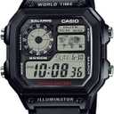 Casio AE1200WH Series | Mens Digital Watch | 100M WR | Multi Alarms | 100 SEC Stopwatch | Countdown Timer | World Map for World Time | LED Light | LC Analog Display | 10 Year Battery (Black)