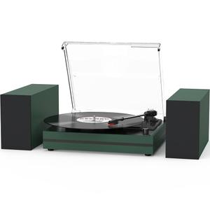 Vintage Record Player with External Speakers Belt-Drive Turntable for Vinyl Records Dual Stereo Speakers LP Players Support 3 Speed 3 Size Wireless Playback AUX Headphone Input Auto Stop Wood Green