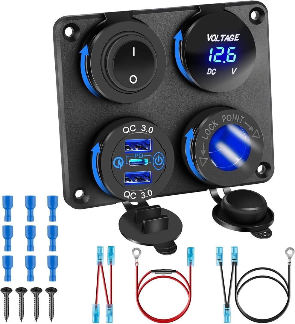 12V USB Charger Panel with PD 30W Ports& Dual QC3.0 18W: 4 in 1 Aluminum Waterproof RV USB Outlet, 150W Cigarette Lighter Socket, LED Voltmeter, Rocker Switch for Boat, Camper, Truck, Accessories