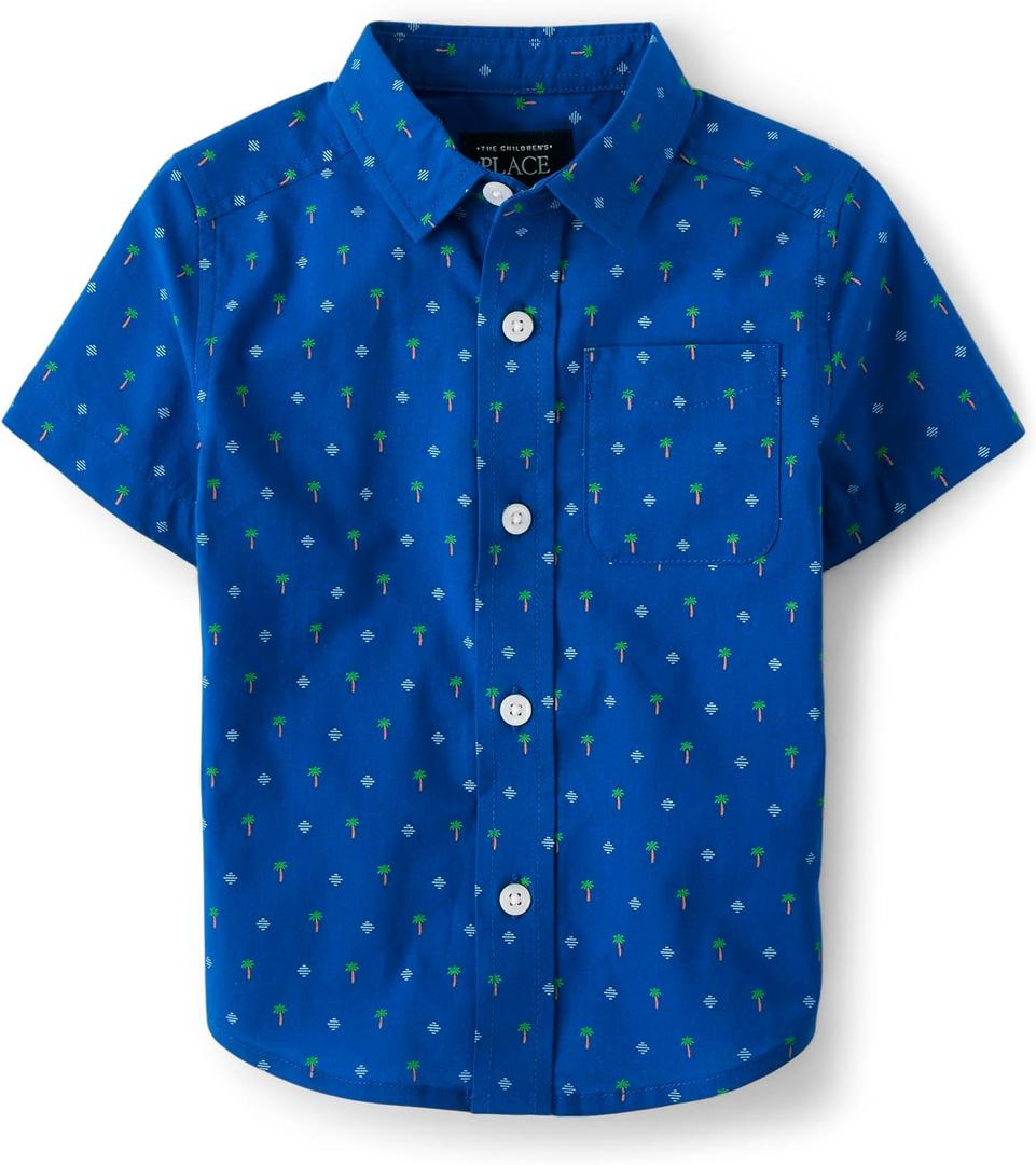 The Children's Place Baby Boys' and Toddler Poplin Short Sleeve Button Down Shirt (5T, Blue Palm Geo)