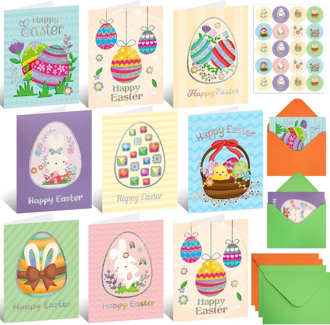 WorldBazaar Easter Cards Bulk For Kids 24 PCS Glitter Easter Greeting Cards with Envelopes Holographic Spring Colorful Eggs Bunny Blank Inside