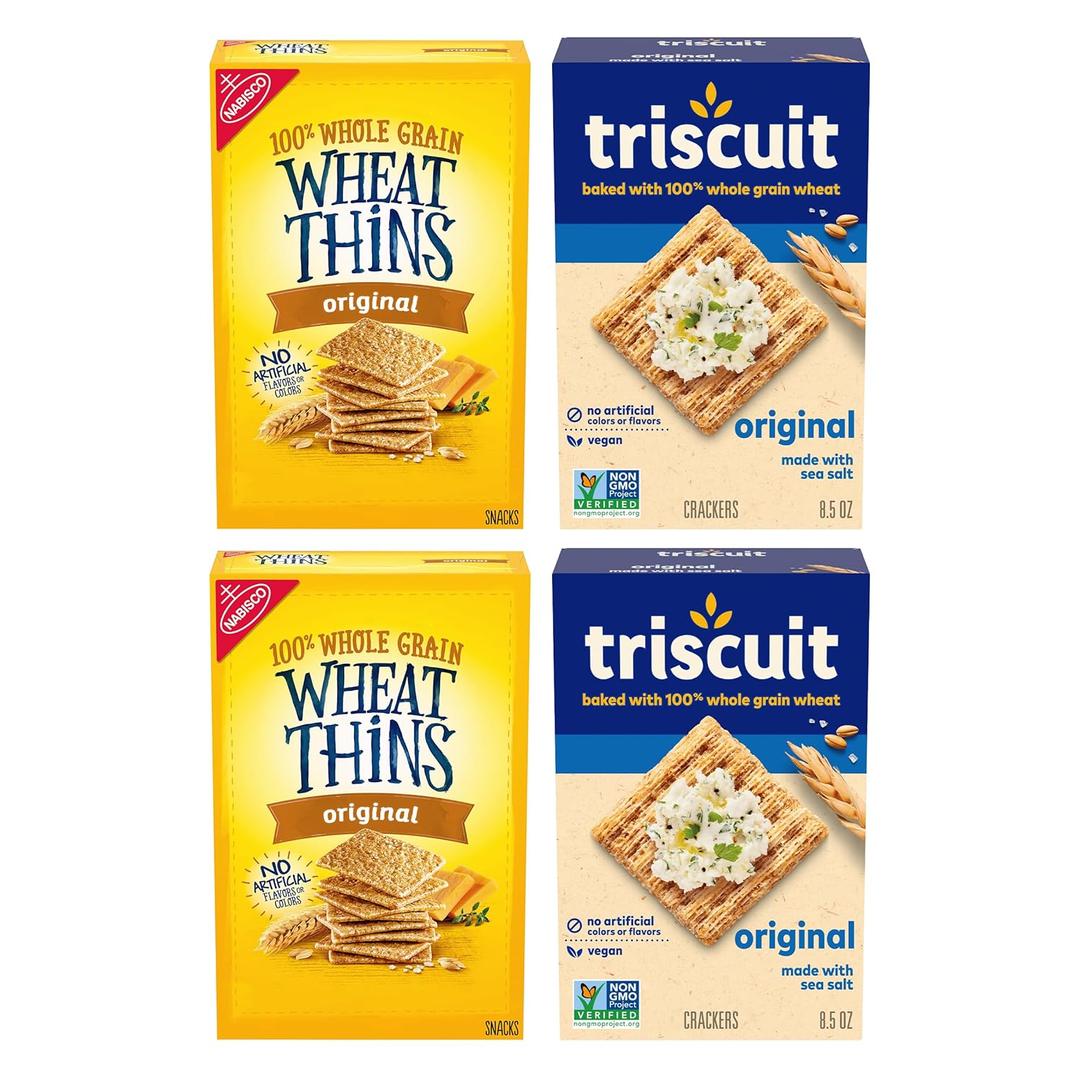 Triscuit Original Whole Grain Wheat Vegan Crackers and Wheat Thins Original Whole Grain Wheat Snacks Variety Pack, 4 Boxes, 12 JUL 2024