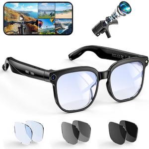 Hwagol Smart Glasses with Camera, 8MP HD Photo and Video Recording,AI Camera Glasses with Real-Time Translation/Object Recognition/AI Voice Q&A/Recording, Calls and Music,Comes with 3 Pairs of Lenses