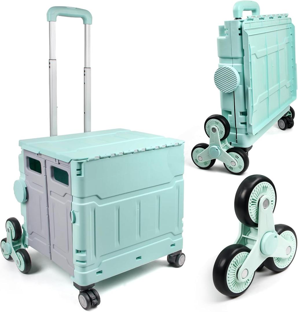 Foldable Utility Cart with 8 Wheels, Collapsible Rolling Cart with Telescoping Handle & Lid, Portable Organizer Crate for Shopping, Teachers, Office, Travel, Books, Snacks, Stairs (Green)