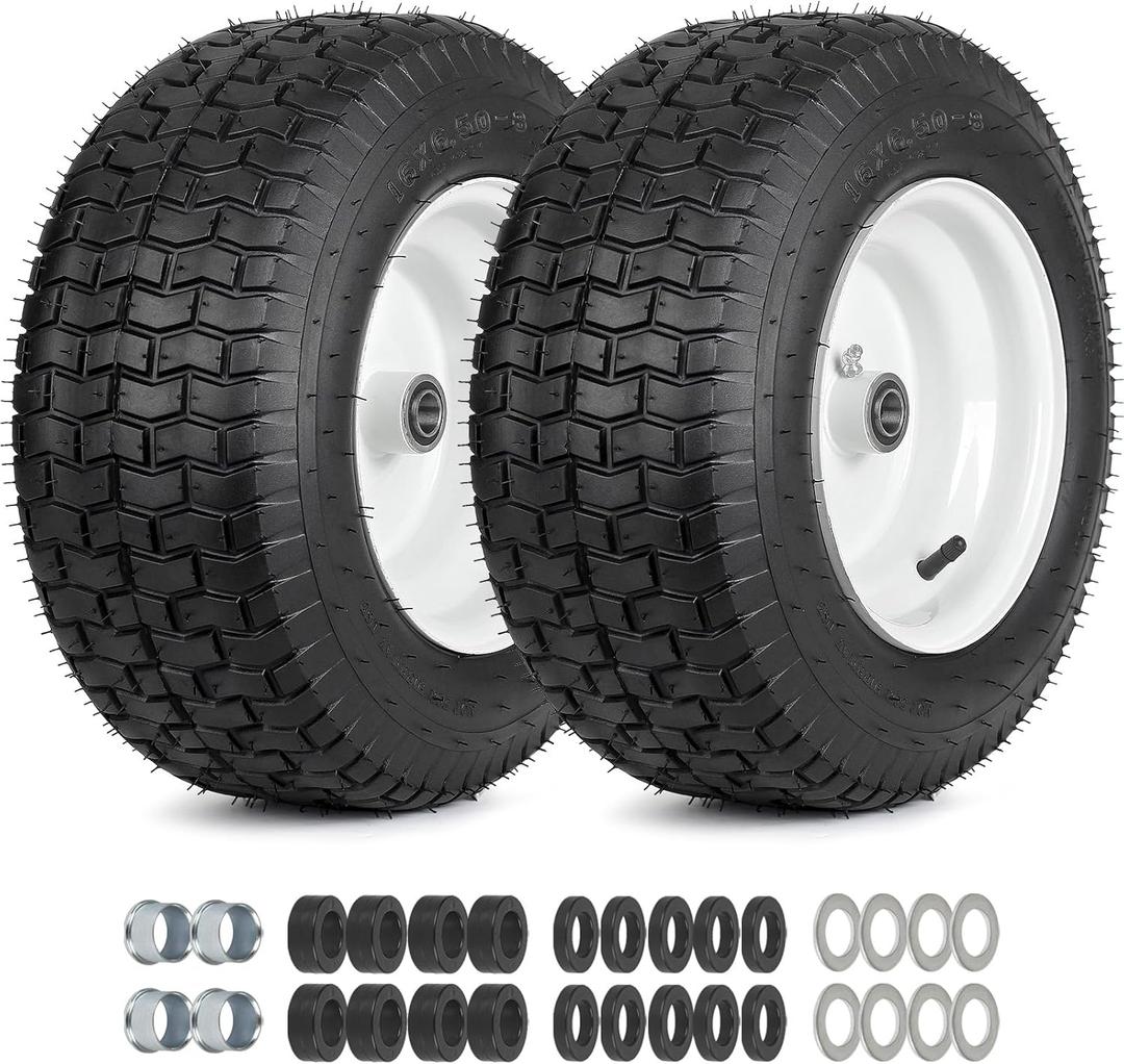 16x6.50-8 Riding Lawn Mower Rubber Tire and Wheel, 2 Pcs Replacement 16x6.5-8nhs Garden Tractor Lawnmower Tyre, Bearing Bore 3/4" & 5/8", 3"-4.5" Centered Hub