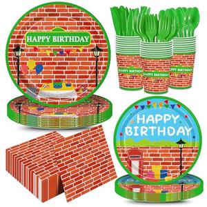 168pcs Red Brick Wall Street Birthday Party Supplies Plates Napkins Paper Cups Disposable Tableware Set Modern Cartoon Street Party Decorations for Kids Boys Birthday Decor Serves 24