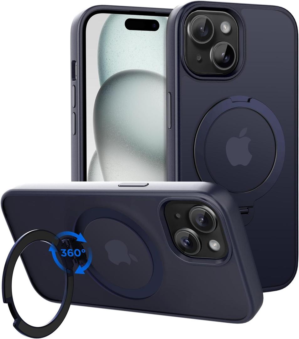 CACOE Magnetic Case for iPhone 15 6.1 inch with 360° Rotatable Ring Stand, Compatible with MagSafe Car Phone Mount, Cases Cover Phone Holder for Desk Meeting/Videos Dark Blue