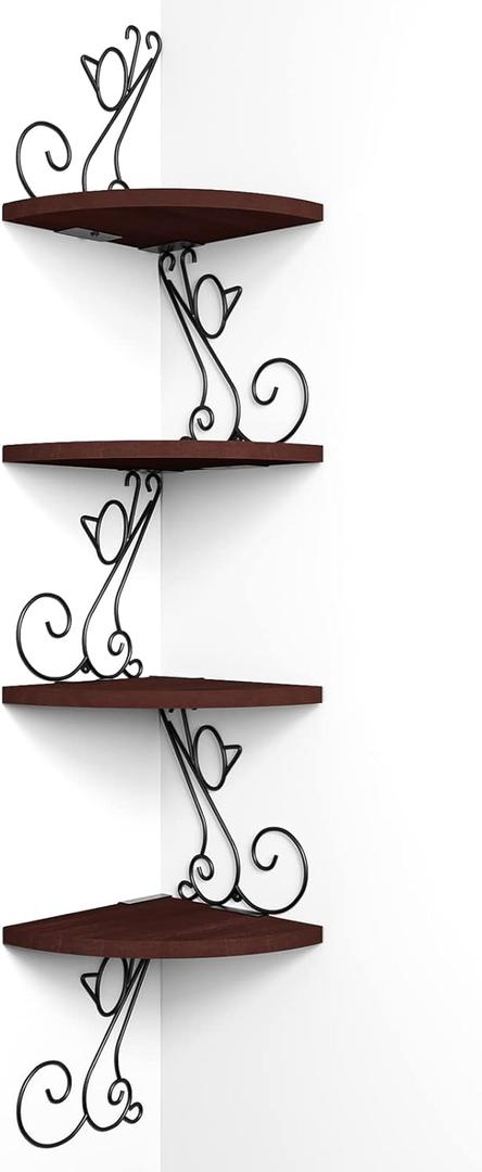 Alsonerbay Corner Shelf Wall Mount, 4 Tier Floating Shelves for Wall, Easy-to-Assemble Wall Shelves Rustic Wood Decor for Bedroom Living Room Bathroom Kitchen Office, Walnut Finish