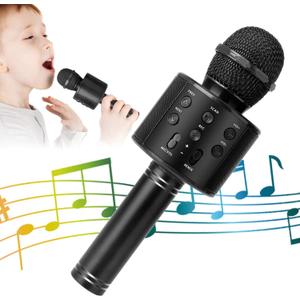 Wireless Bluetooth Karaoke Microphone for Kids and Adults, 5-in-1 Portable Handheld Karaoke Mic Speaker Player Recorder with Adjustable Remix FM Radio for Girls Boys Teens Adults