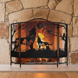 IRONWALLS 3-Panel Fireplace Screen with Wolves, 48"(L) x 32"(H) Wrought Iron Folding Fireplace Screens Decorative, Arched Fire Spark Guard Cover, Black Mesh Fire Place Gate Fence for Living Room