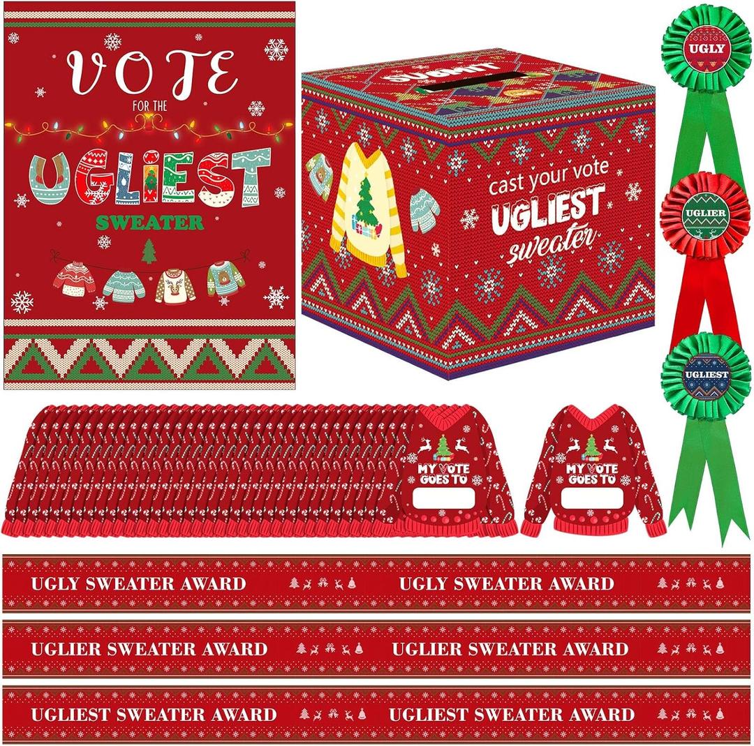 Tenceur 68 Pcs Ugly Sweater Party Voting Cards Sets with Ugly Sweater Contest Ballot Box, 60 Voting Cards, 3 Sweater Award Sashes, 3 Small Badges for Xmas Decorations Holiday Christmas Party Supplies
