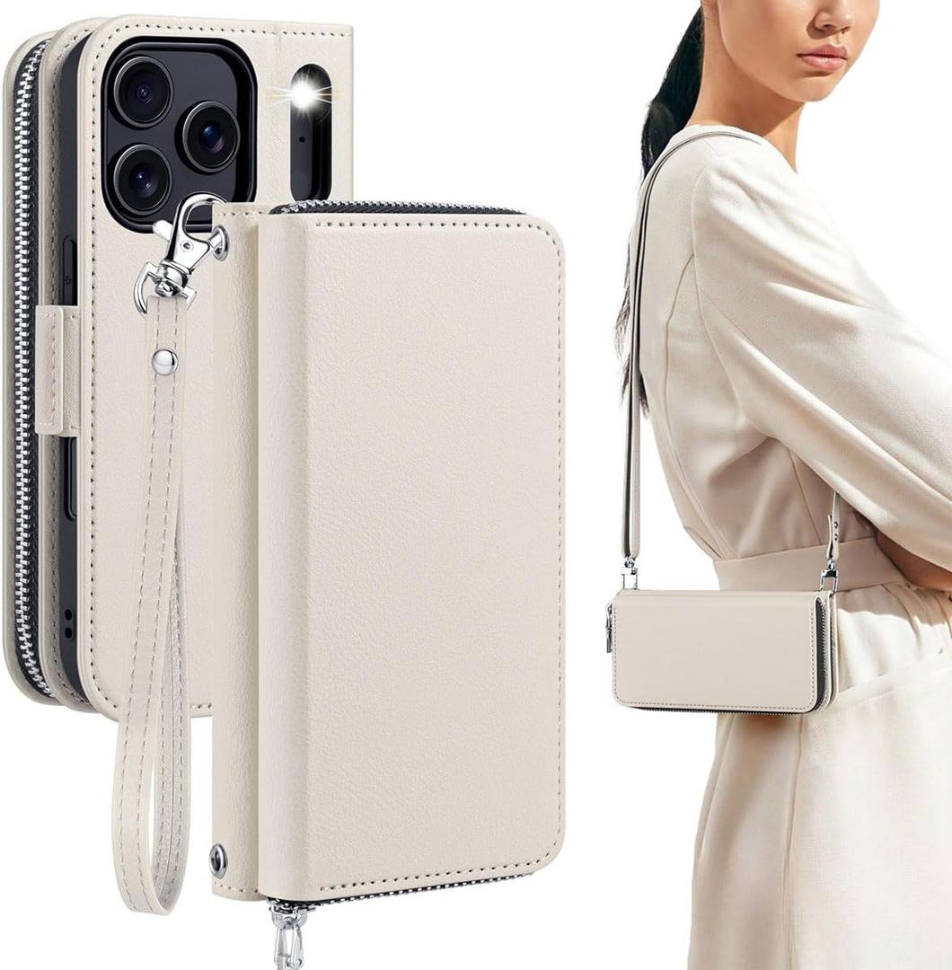 OCASE for iPhone 17 Pro Max Crossbody Wallet Case - Stylish PU Leather Handbag Phone Purse with Zipper Closure, Card Slots & RFID Blocking - Wrist Strap, Lanyard, Kickstand - Cream