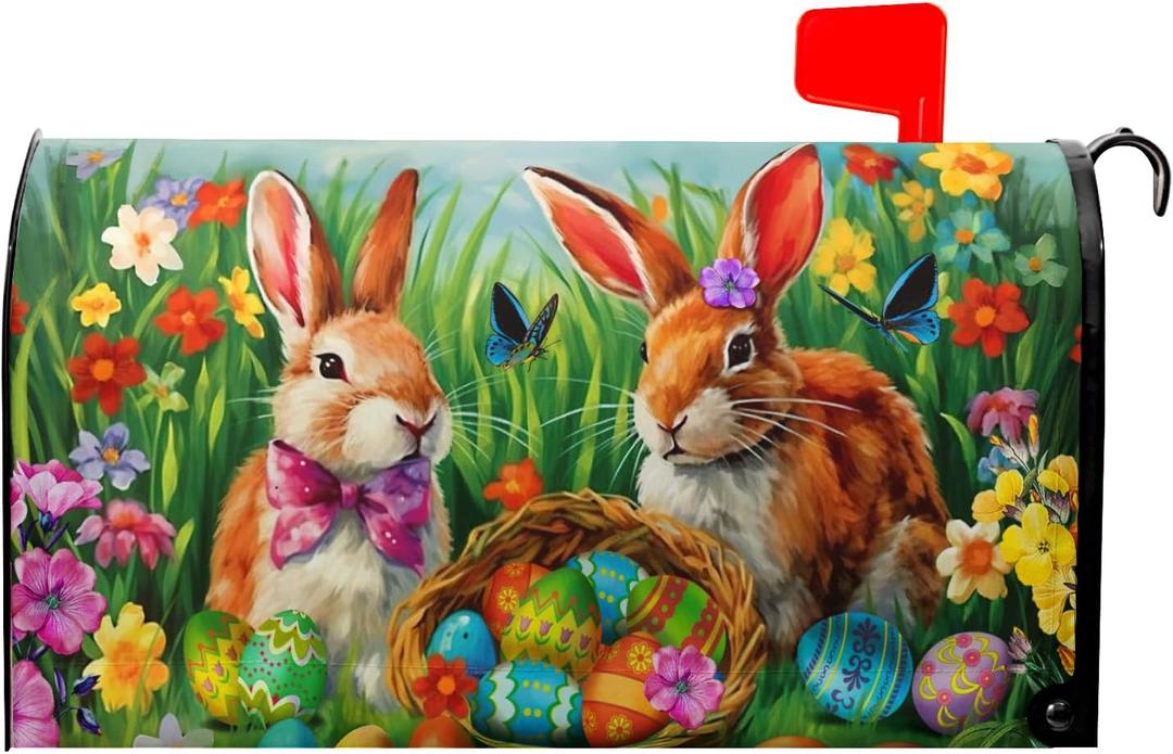Easter Bunnies Mailbox Covers Magnetic Standard Size 25.5" X 21",Spring Colorful Eggs Flowers and Butterflys Mailbox Wraps Post Letter Box Easter Cover for Holiday Garden Yard Decor