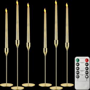 Baquler Set of 6 Flameless Taper Candles and Candlestick Holder with Remote and Timer LED Candlesticks Decoration for Dining Table Fireplace Party Home Wedding Anniversary(Gold)
