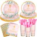 Willinglong 175 Pcs Pink First Communion Decorations for Girl First Holy Communion Disposable Tableware Pink Baptism Party Favor Decorations Table Decoraion for Baby Shower 25 Guest Supplies
